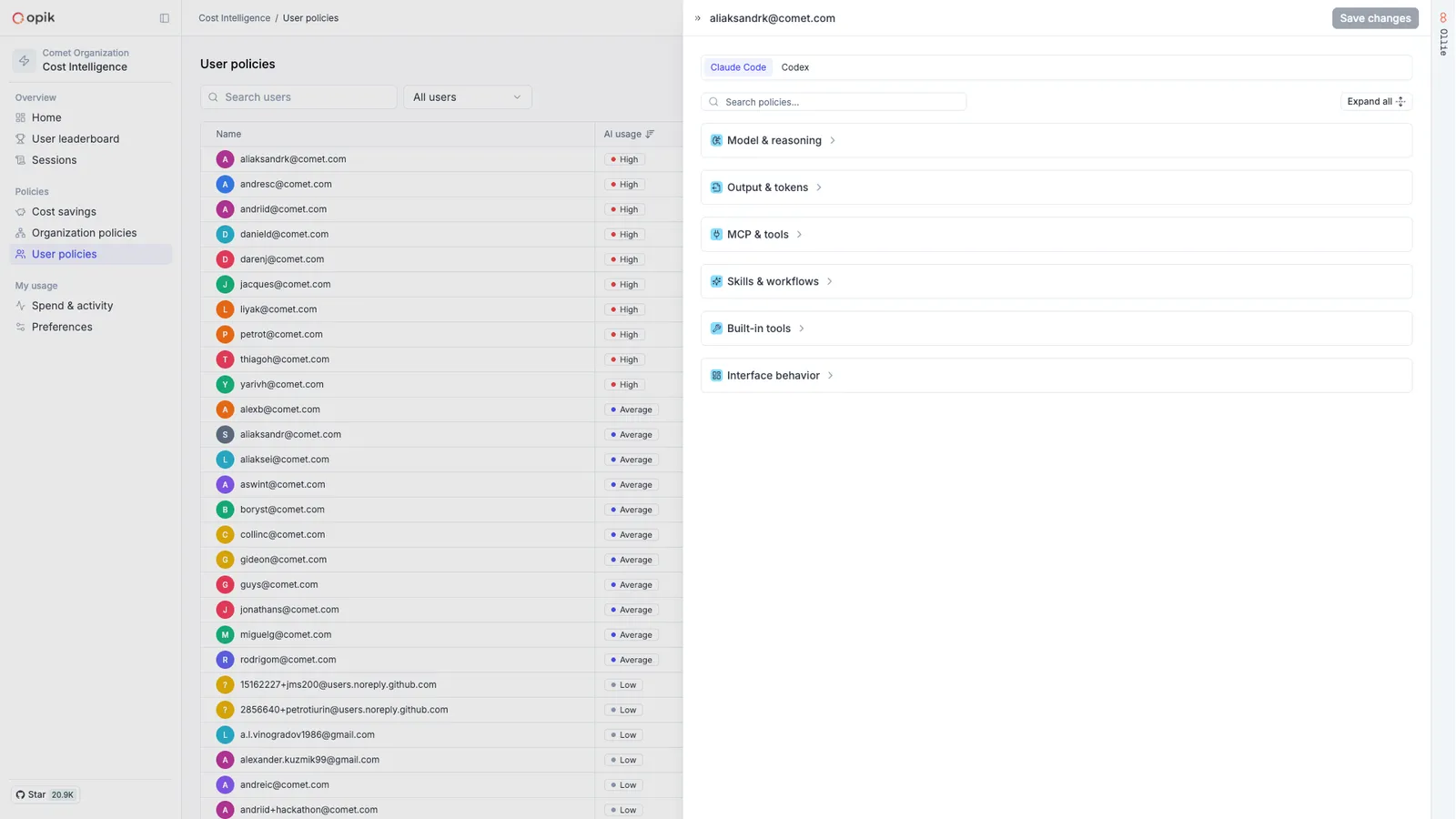 User policies interface