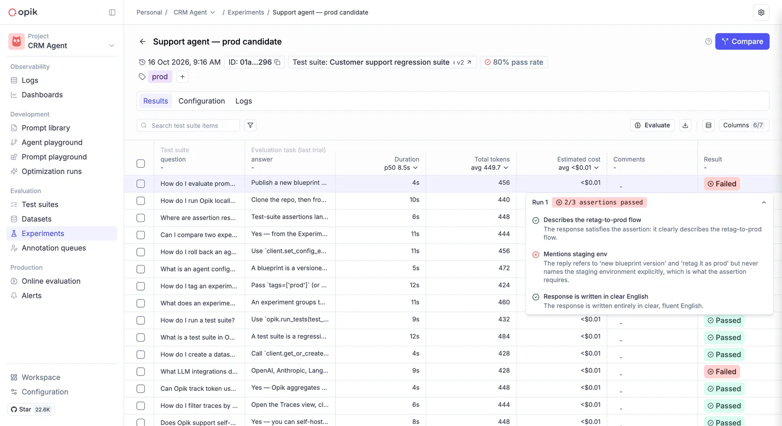 Test suite experiment results showing pass/fail per item with assertion details