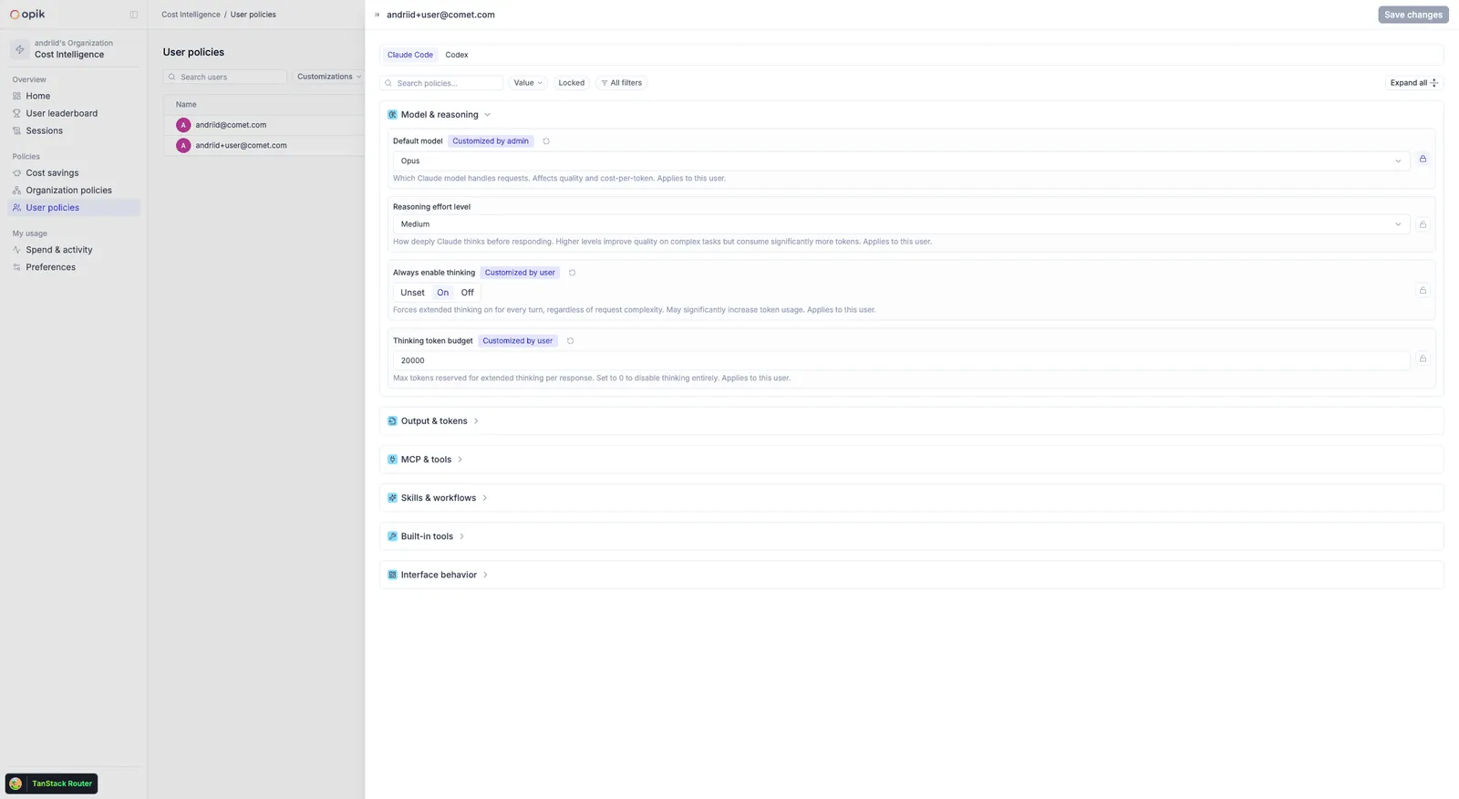 A user's policy drawer showing an admin override of the org model and a setting still inheriting the org value