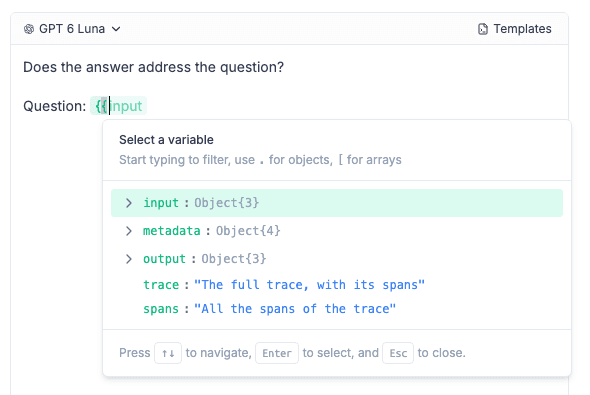 The variable picker opened by typing two curly braces in the prompt