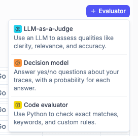 The Evaluator menu with LLM-as-a-Judge, Decision model and Code evaluator