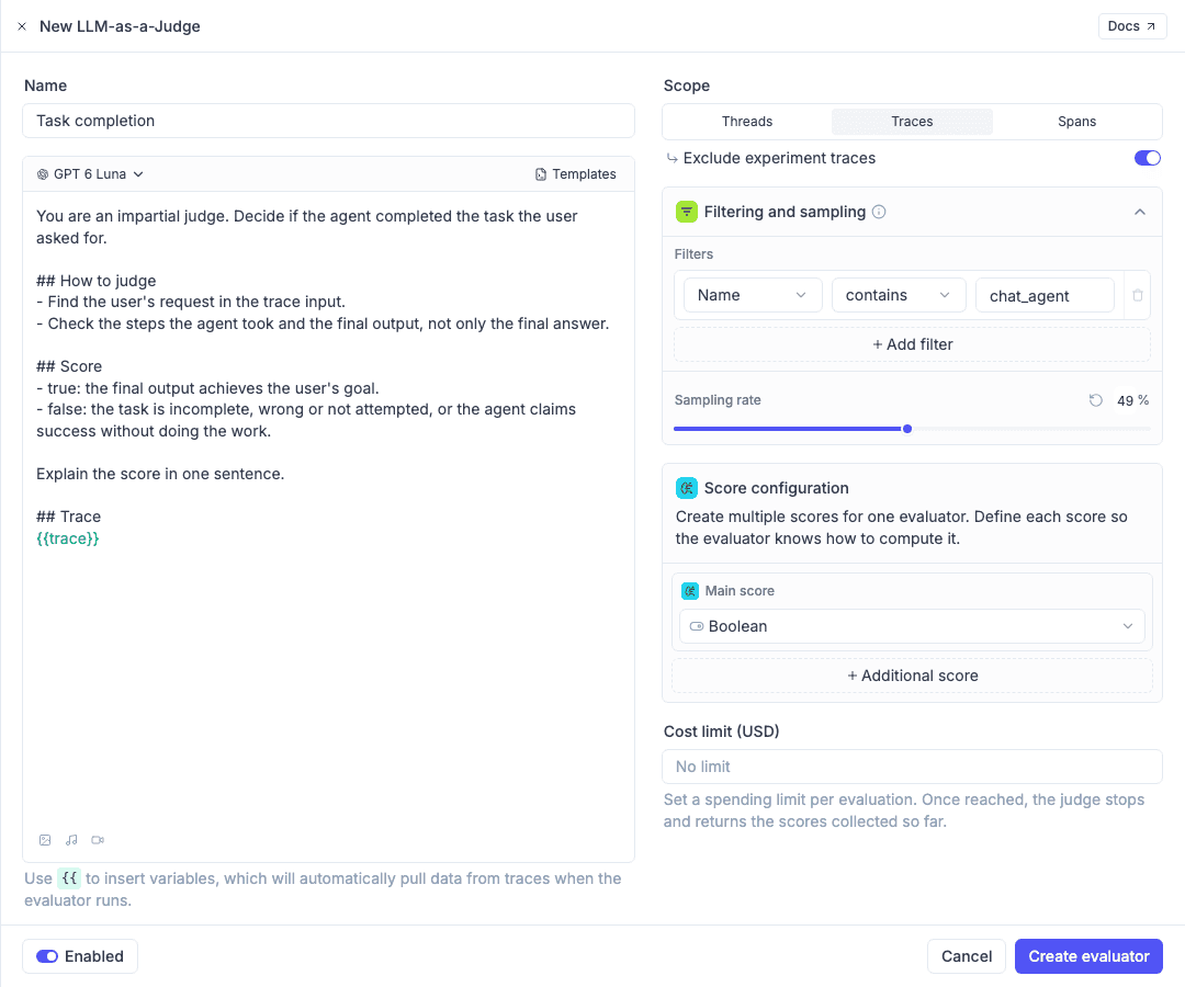 The online evaluation rule editor panel