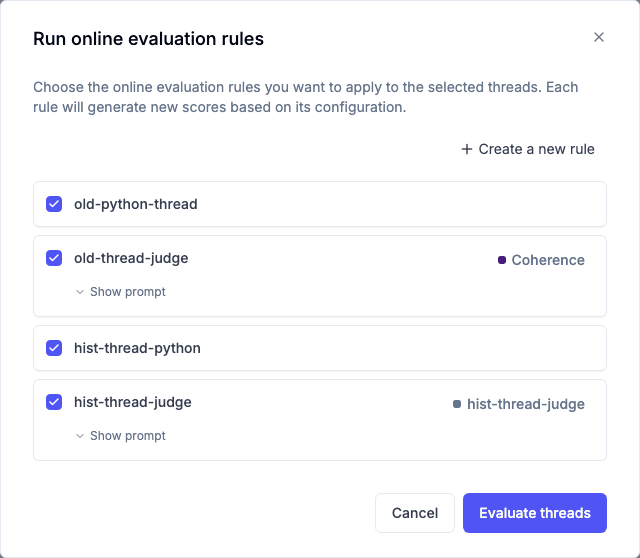 The Run online evaluation rules dialog