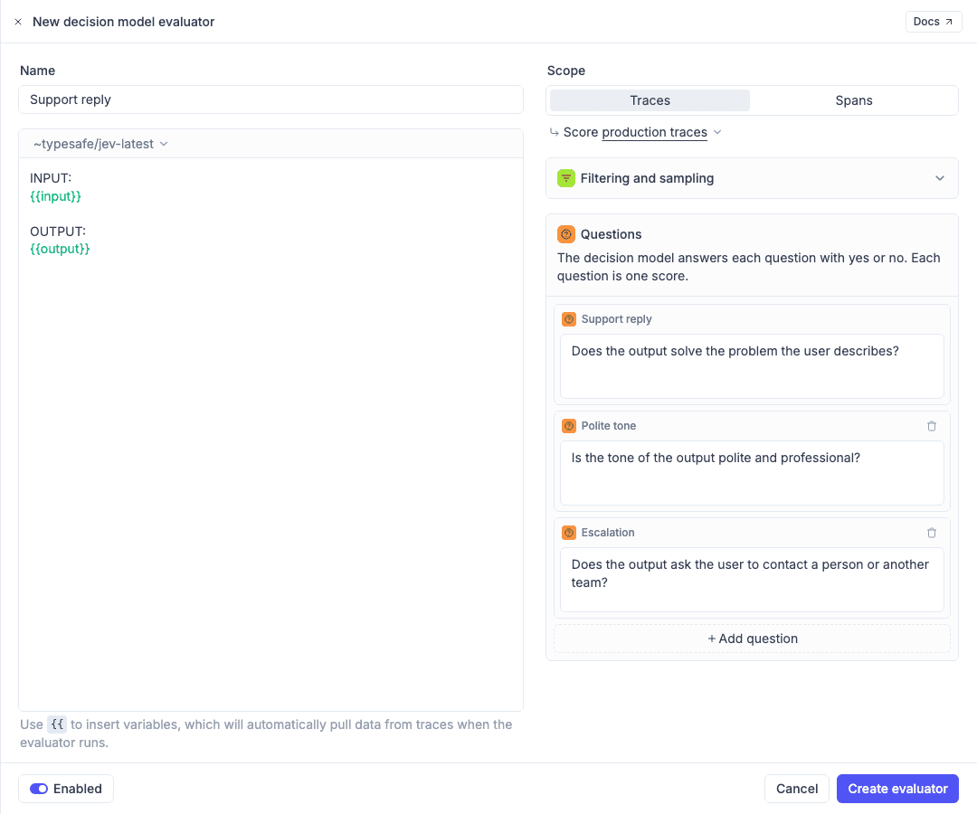 The rule editor panel for a decision model evaluator