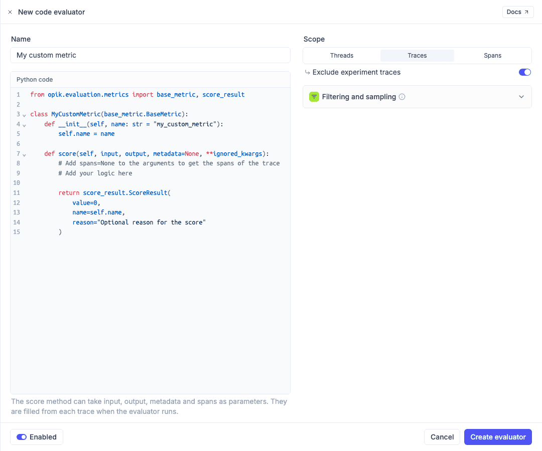 The rule editor panel for a code evaluator