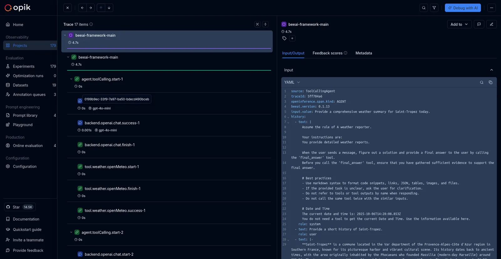 BeeAI TypeScript tracing