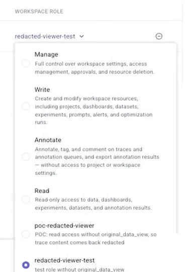 The Workspace role list in the Manage users dialog, showing the default roles and two custom roles