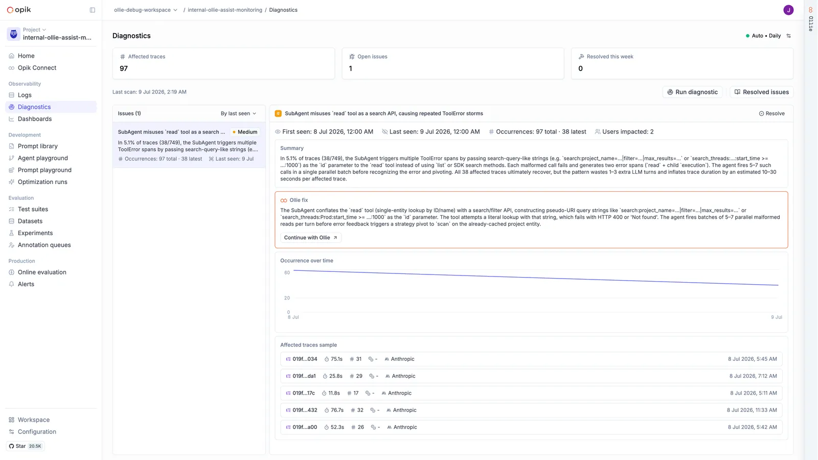 Diagnostics page showing a detected issue with summary and Ollie fix