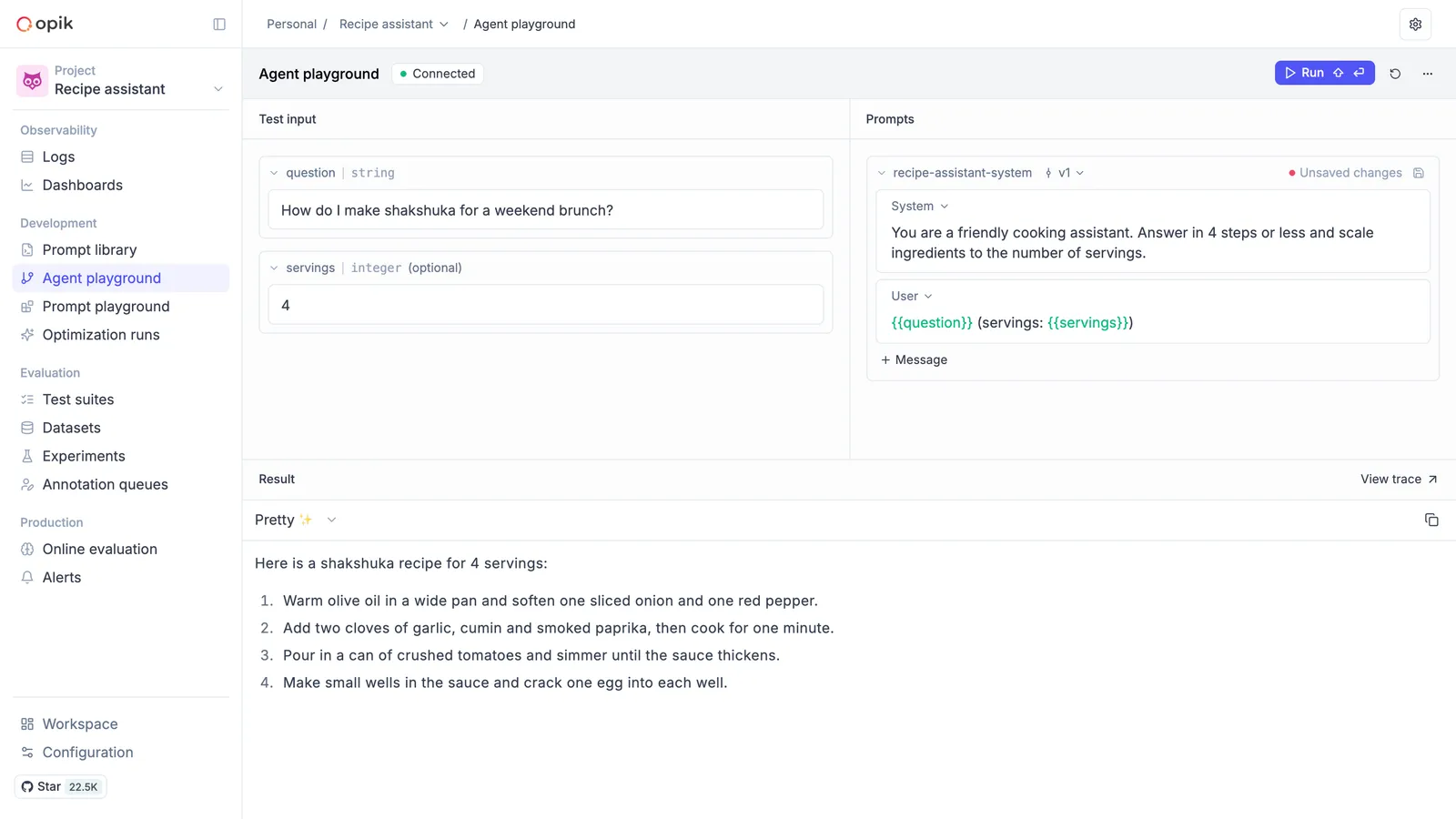 Agent Playground with the Test input, Prompts, and Result panels after a run that used an unsaved prompt edit