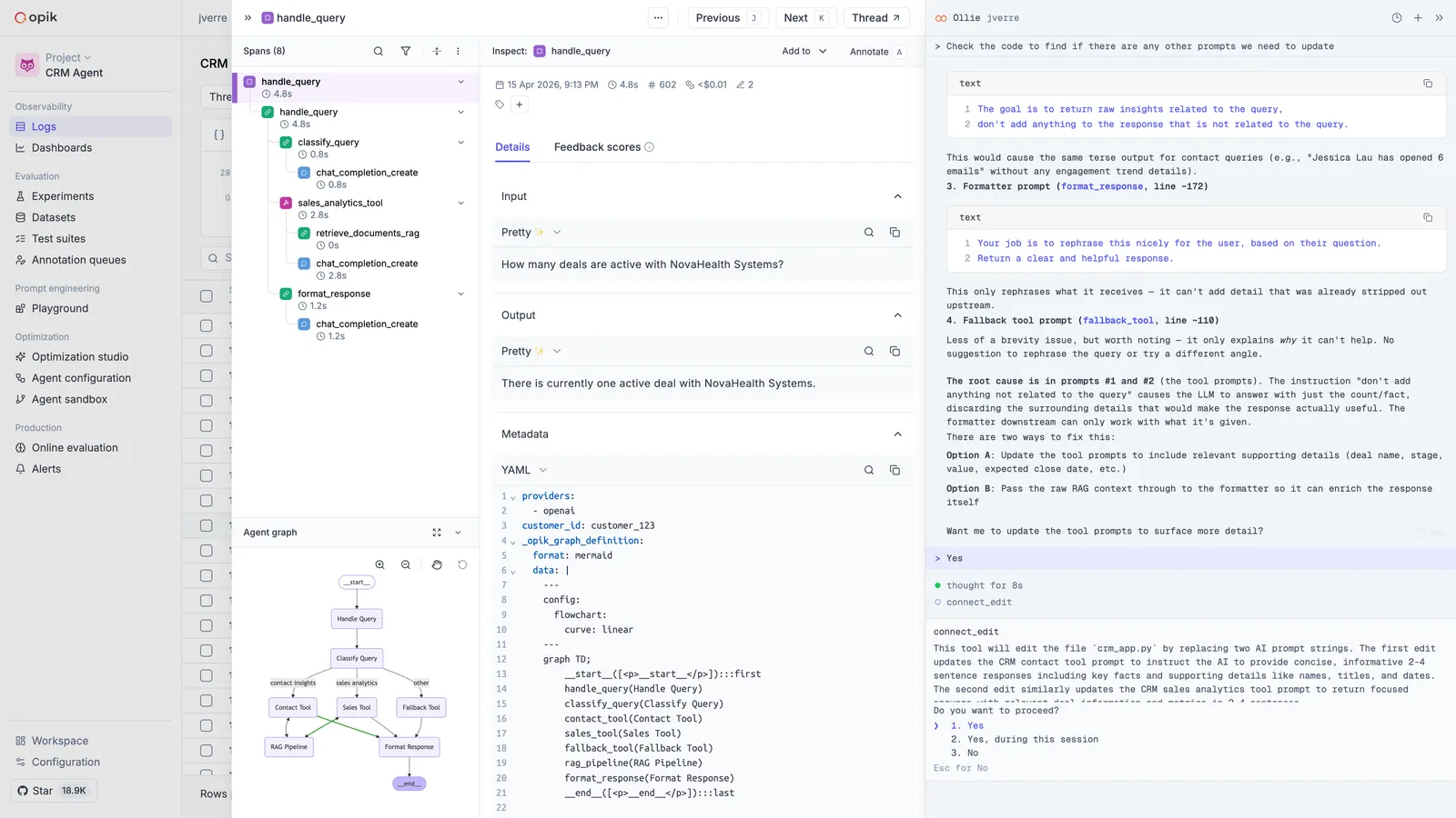 Ollie proposing a code fix with a diff view