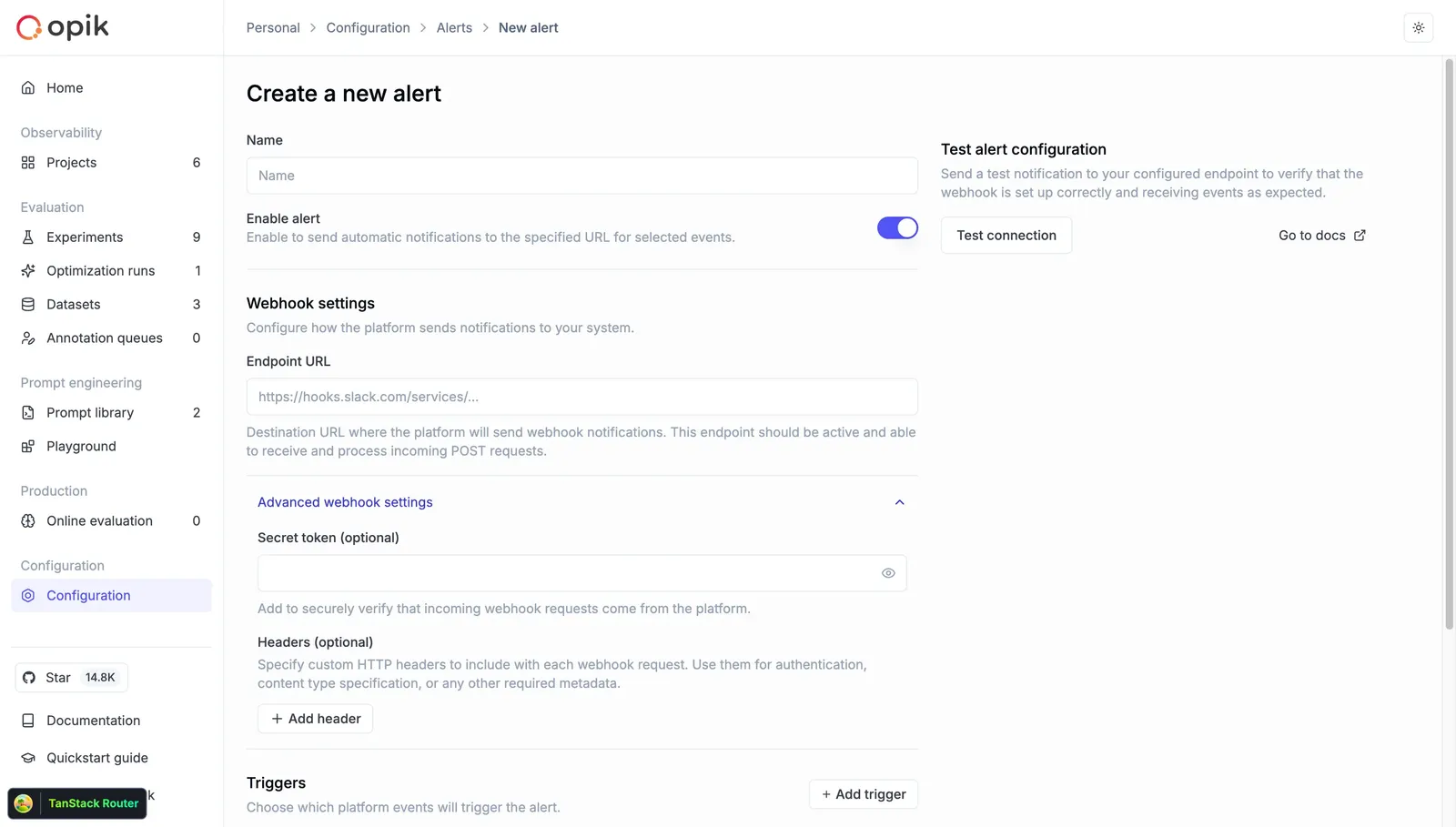 Alerts configuration interface showing webhook setup and event types