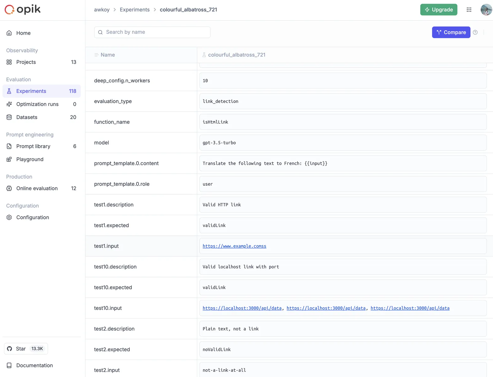 Clickable assets and metadata links in experiment configuration tab showing improved navigation