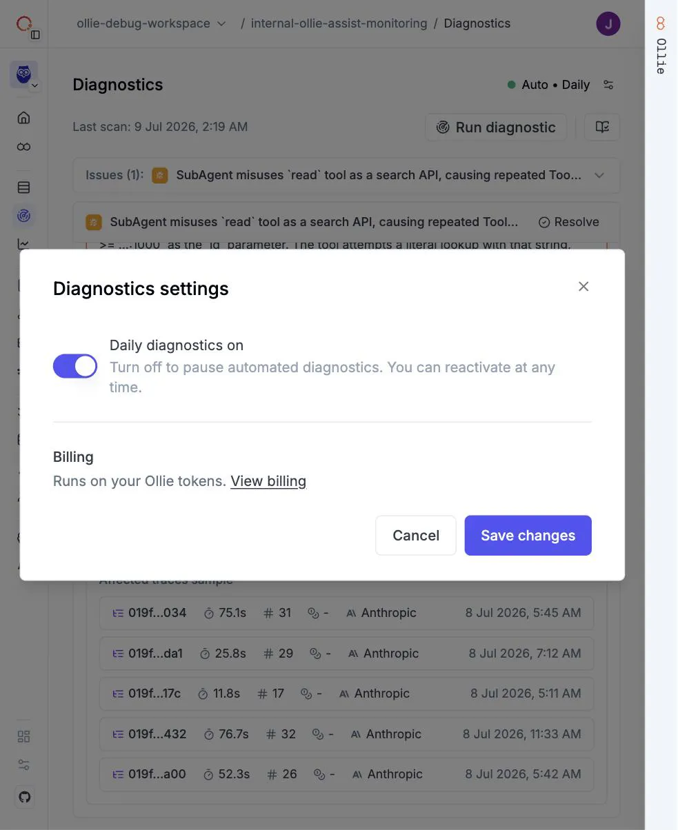 Diagnostics settings dialog with daily scan toggle