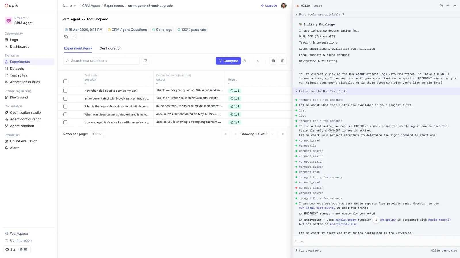 Ollie running a test suite and showing pass/fail results