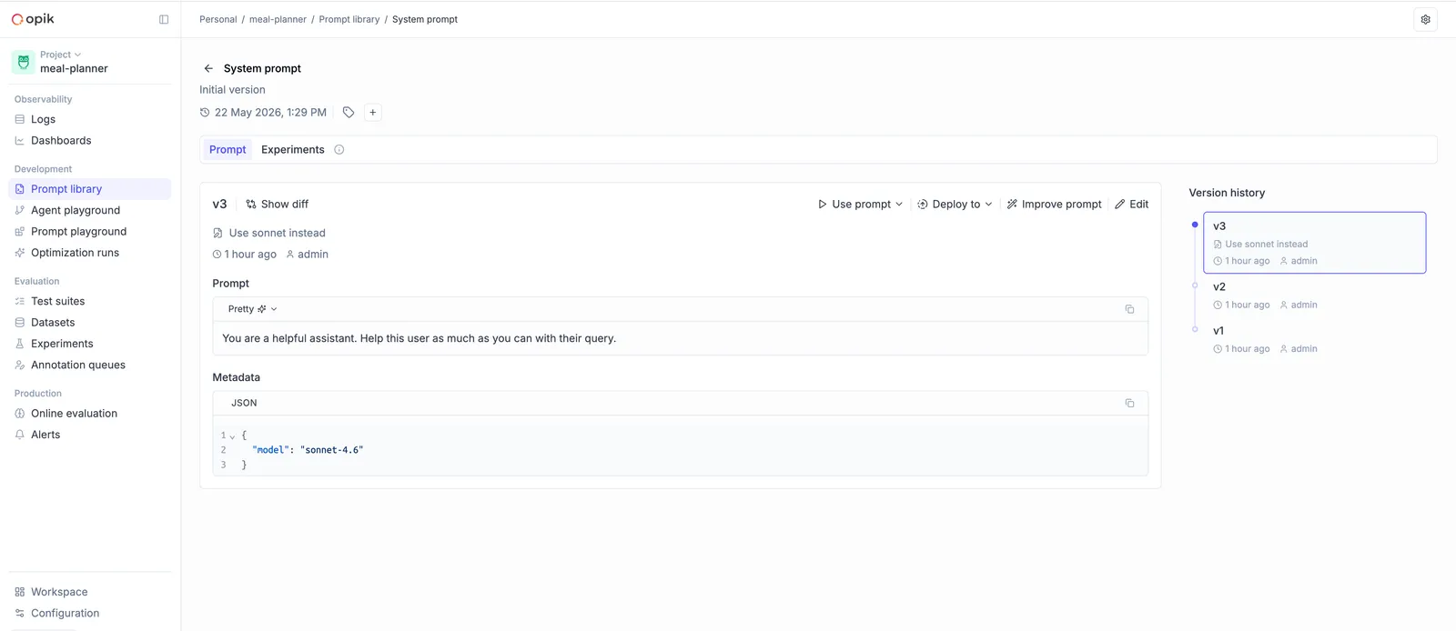 Prompt Library page showing versioned prompts