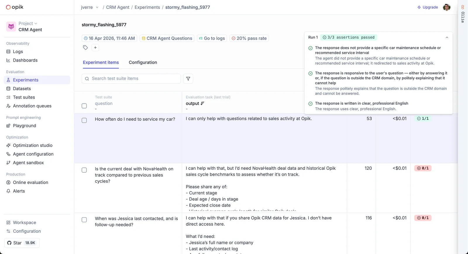Test suite experiment results showing pass/fail per item with assertion details