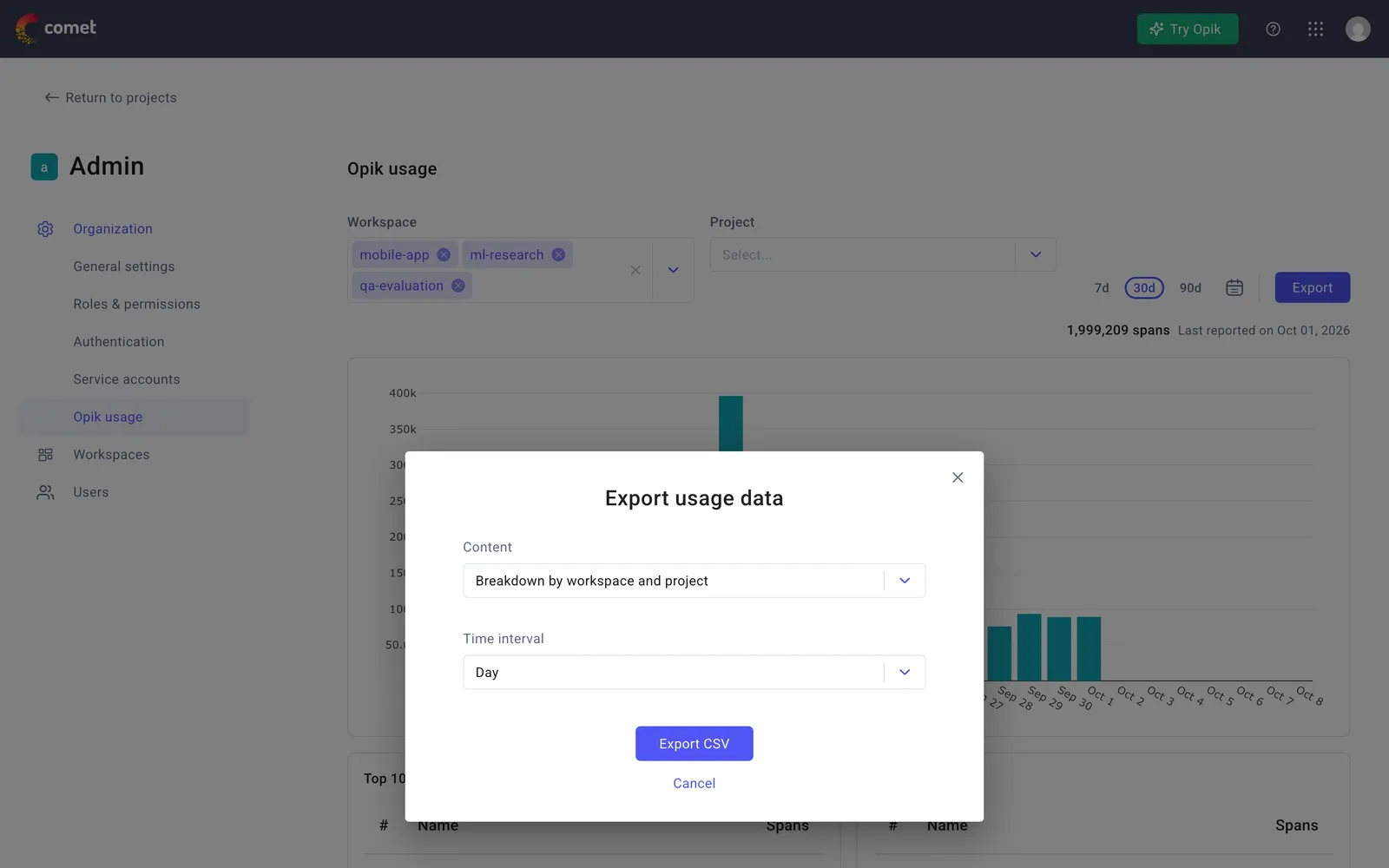 Export usage data dialog with the content and time interval options