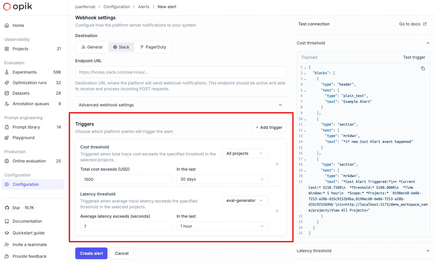Cost and latency alerts configuration