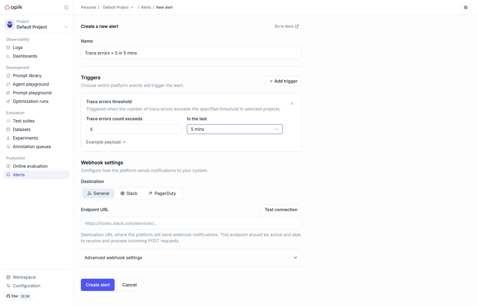 Create alert form