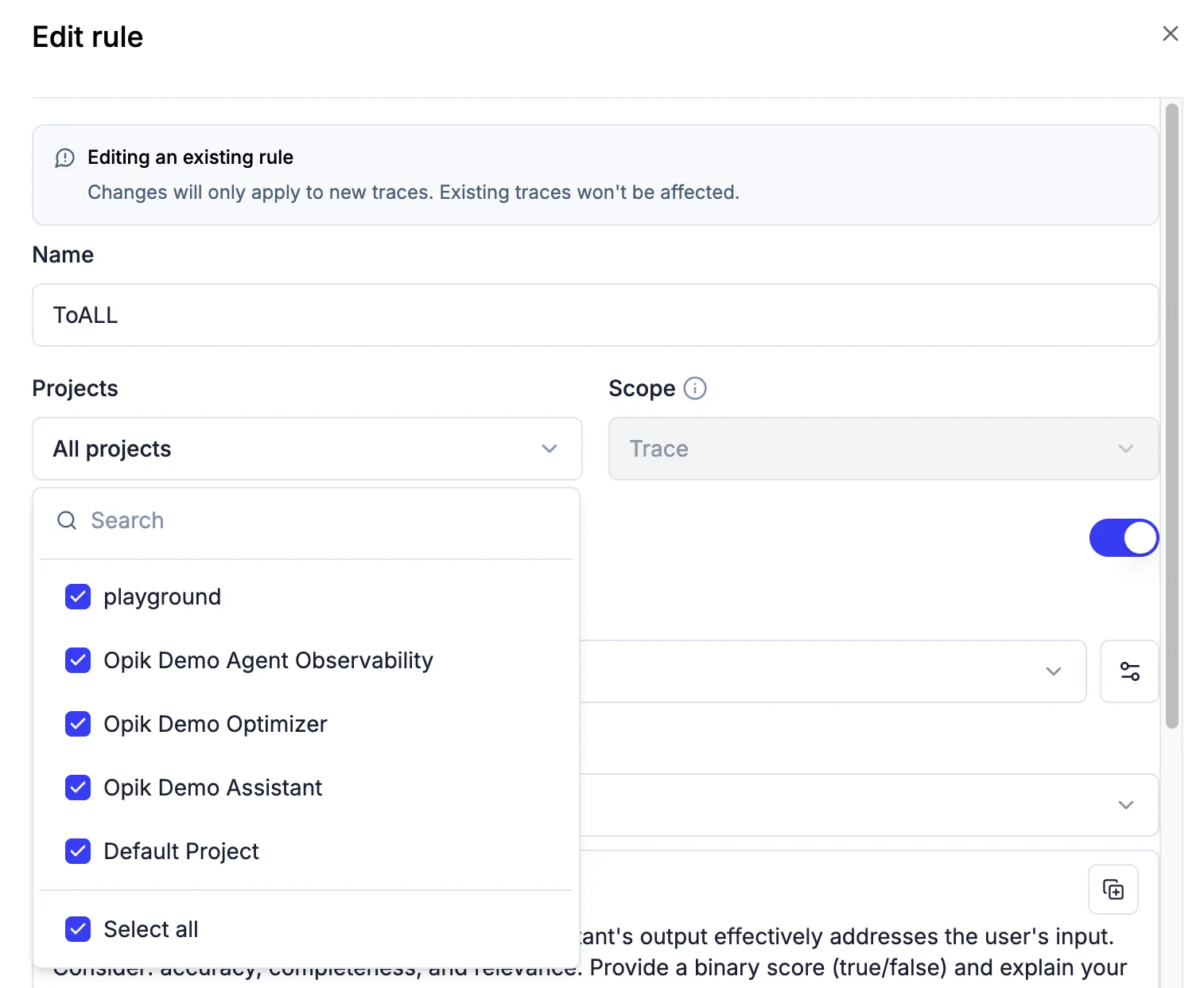 Multi-project support for online evaluation rules
