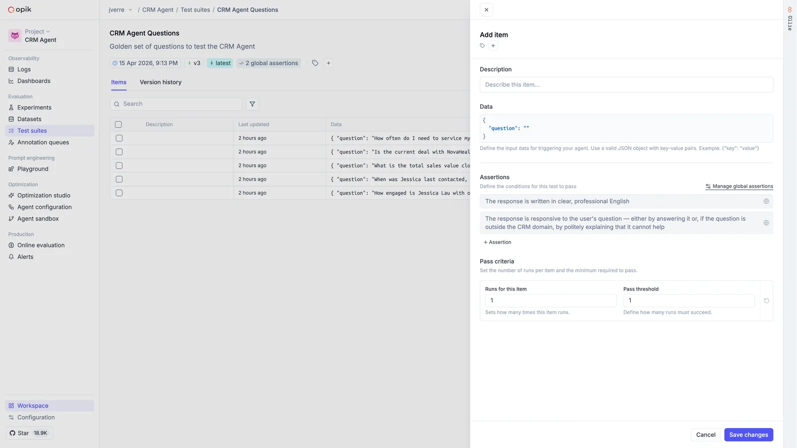 Test suite UI showing items list and the Add Item panel with assertions and pass criteria