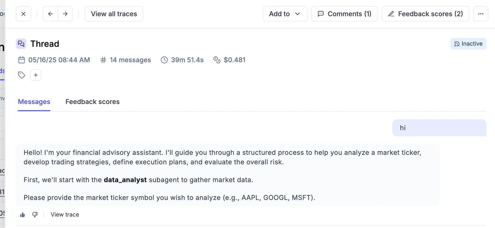 Total cost display showing cost information in thread sidebar headers and sum statistics