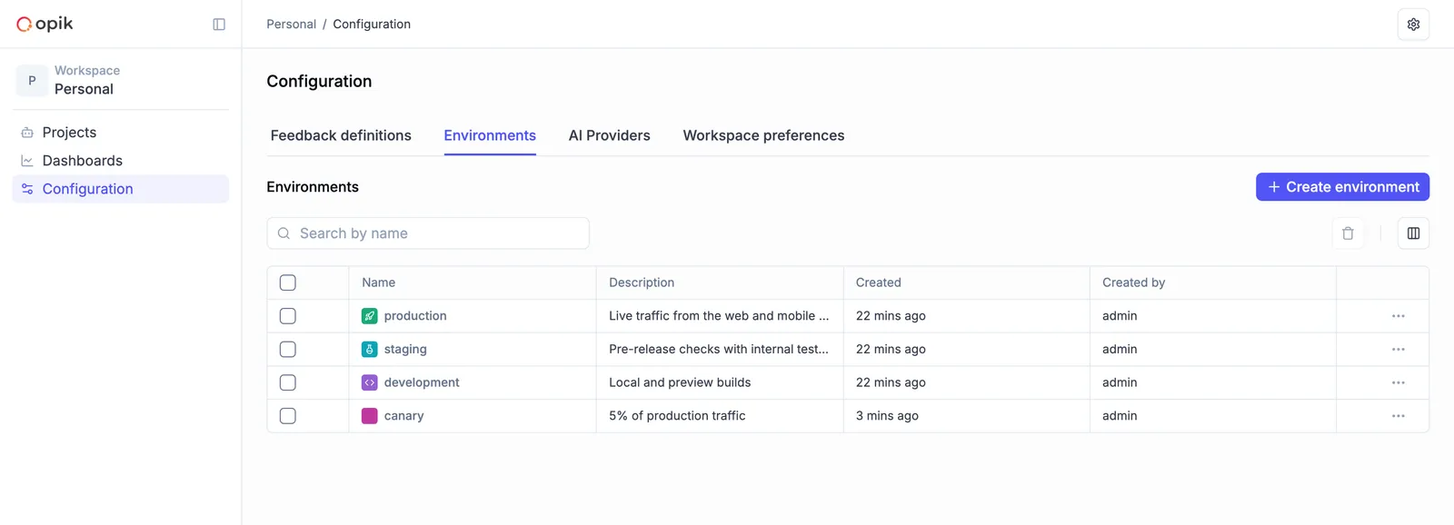 The Environments tab of the workspace Configuration page