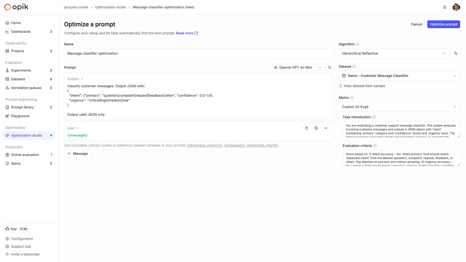 Optimization Studio form showing name, prompt, algorithm, dataset, and metric configuration