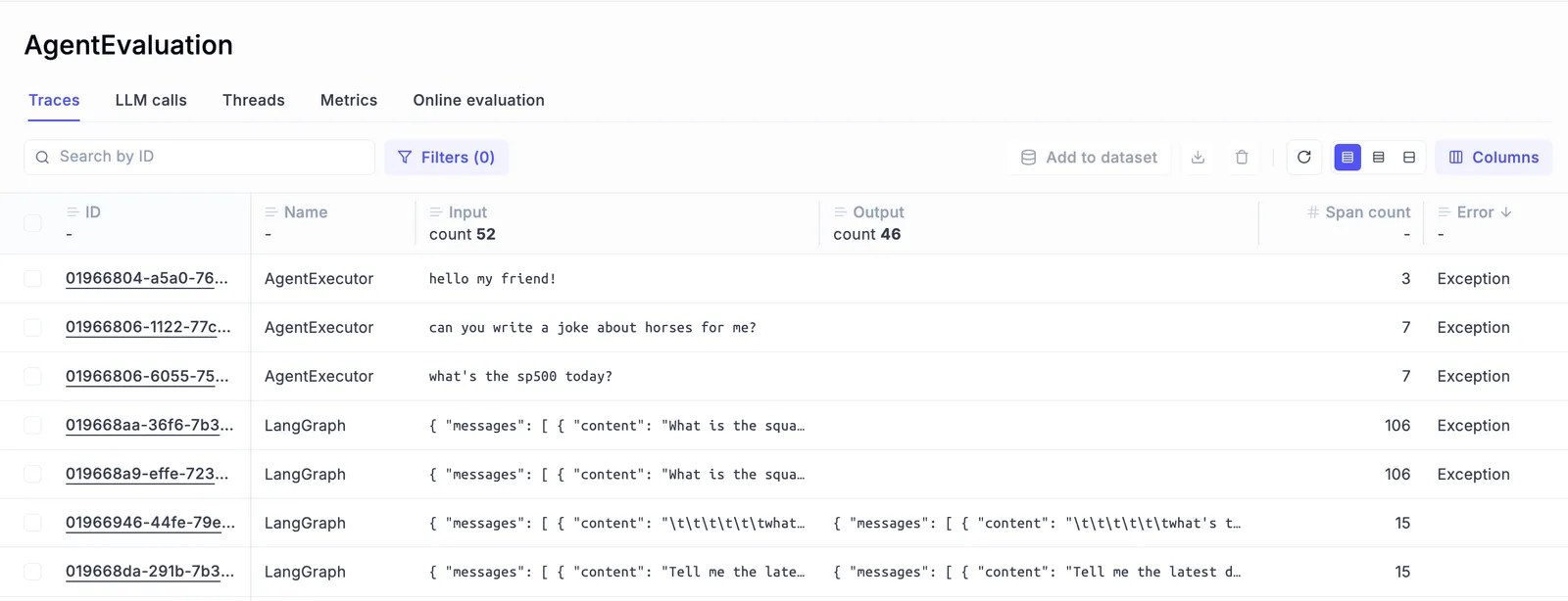 List view of multiple agent traces with error detection highlights