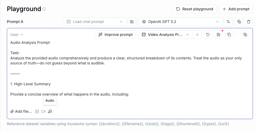 Audio support in playground showing audio prompts and file upload options