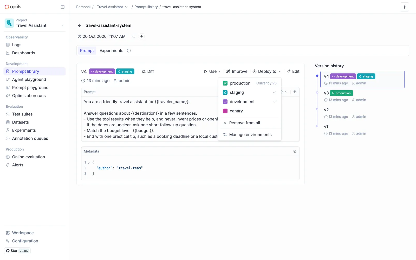 The Deploy to menu on a prompt version, with production currently on v3