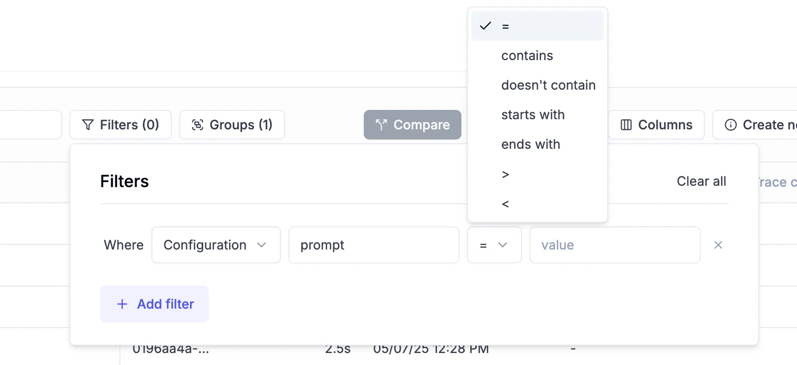 Experiment table filter operators showing advanced filtering options