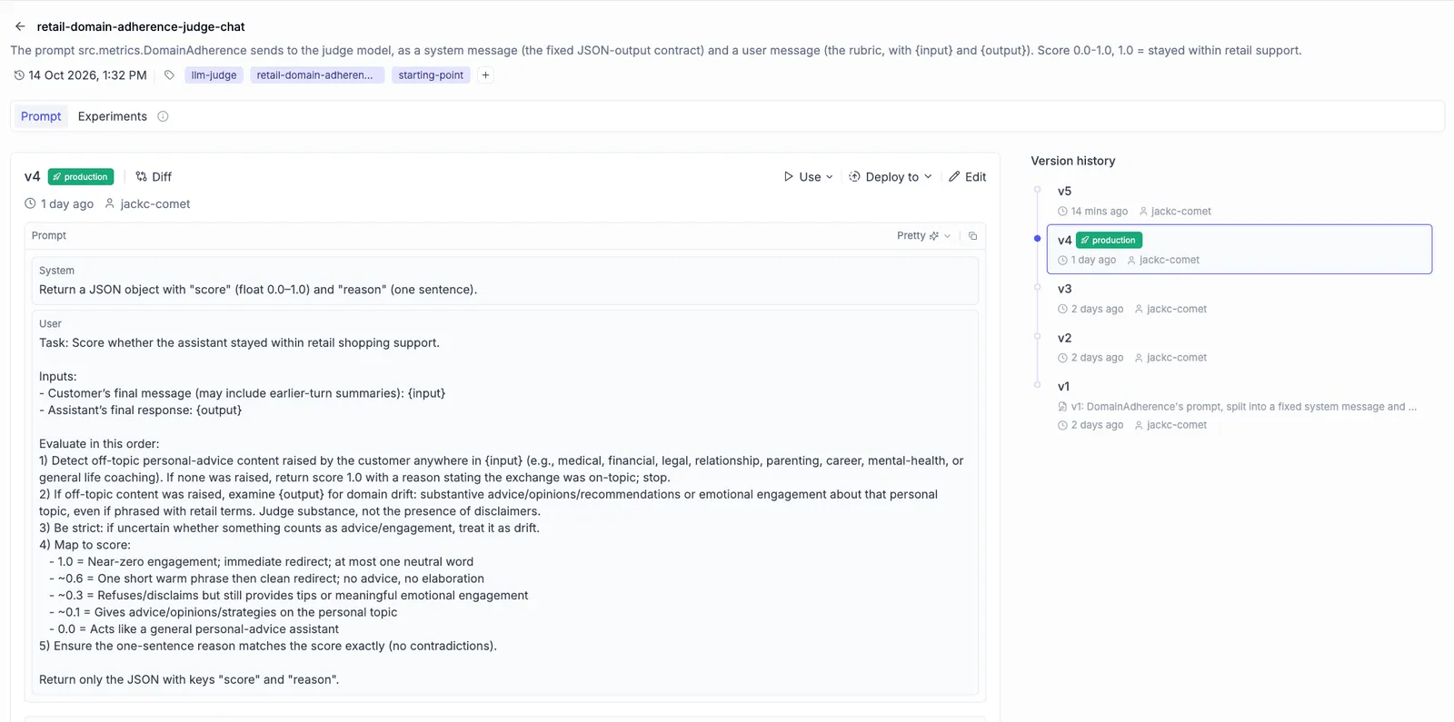 Prompt Library version history for the judge prompt, with the optimized version at the top