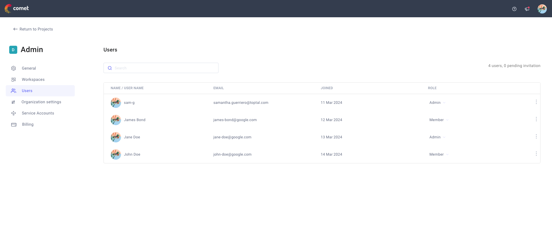 Comet Admin Dashboard - Users tab