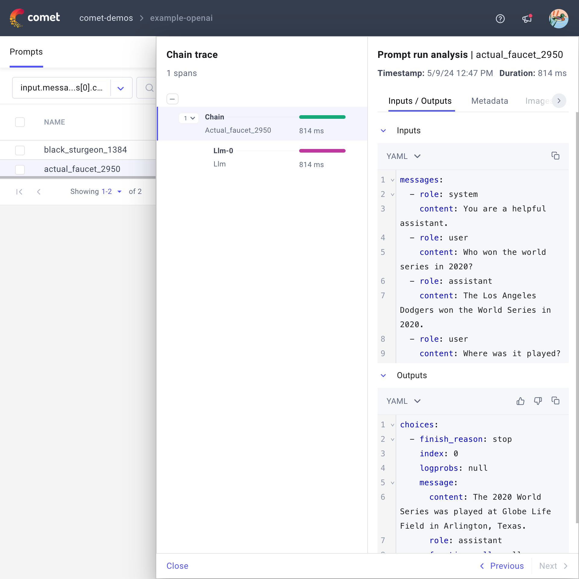 CometLLM Prompts Page - Prompt Name