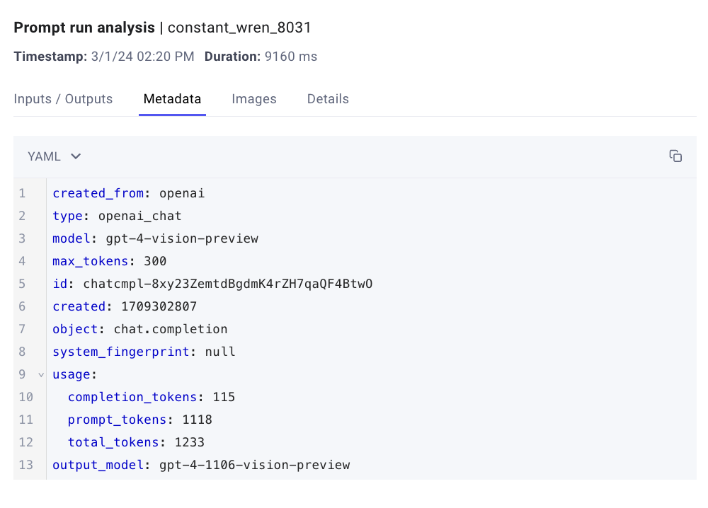 The Metadata tab of an OpenAI Prompt Run Analysis