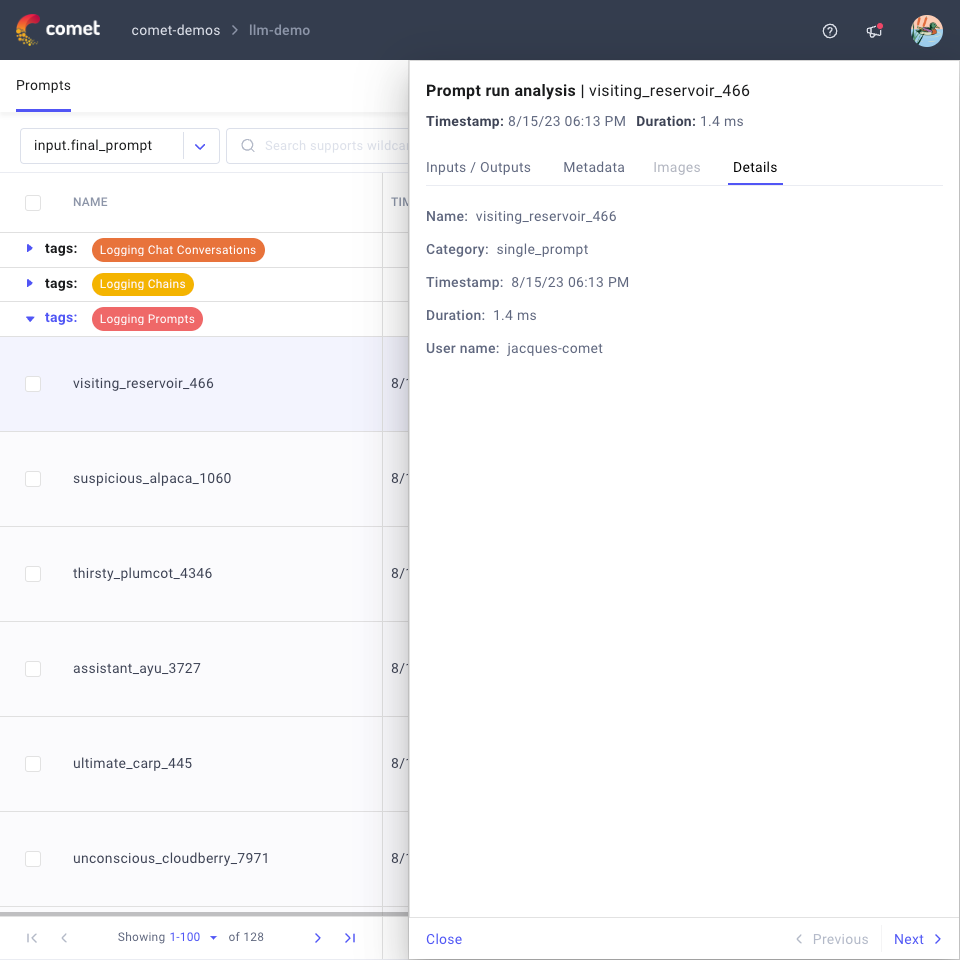 CometLLM Prompts Page - Prompt Name
