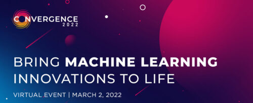 Graphic announcing Convergence, and upcoming ML industry conference. Set against a blue and purple planetary backdrop.