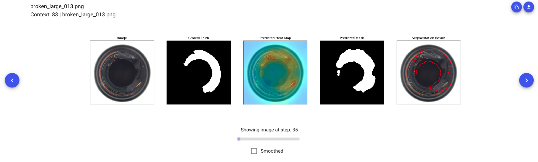 Experiment-level graphics of an example of a broken bottle from the MVTec dataset in an anomaly detection experiment using Comet + Anomalib for Industry 4.0