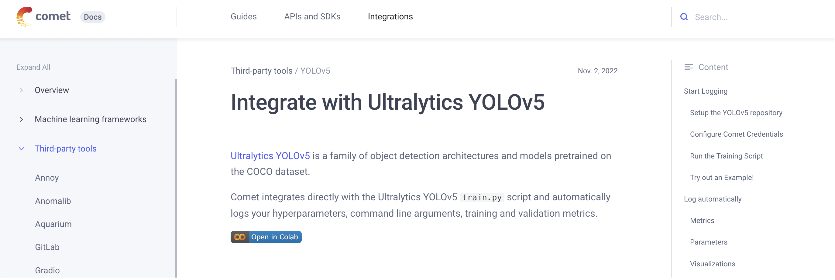 Comet docs integration with YOLOv5