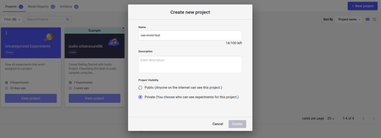 A screenshot of the 'create a project' page on Comet ML