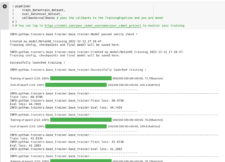 A screenshot of the Jupyter Notebook results showing training and eval at 100%