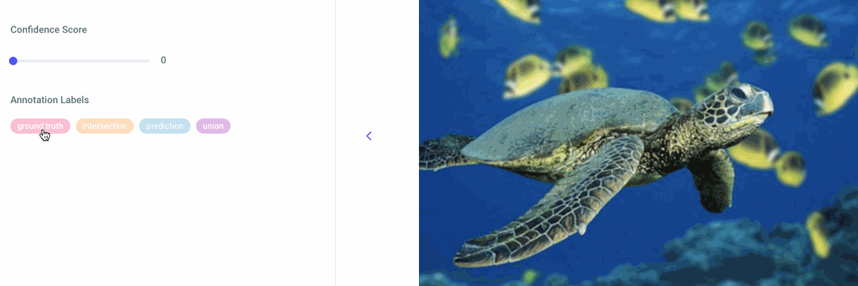 Selecting the intersection and union of bounding boxes for object detection on an image of a turtle underwater with bright yellow fish.