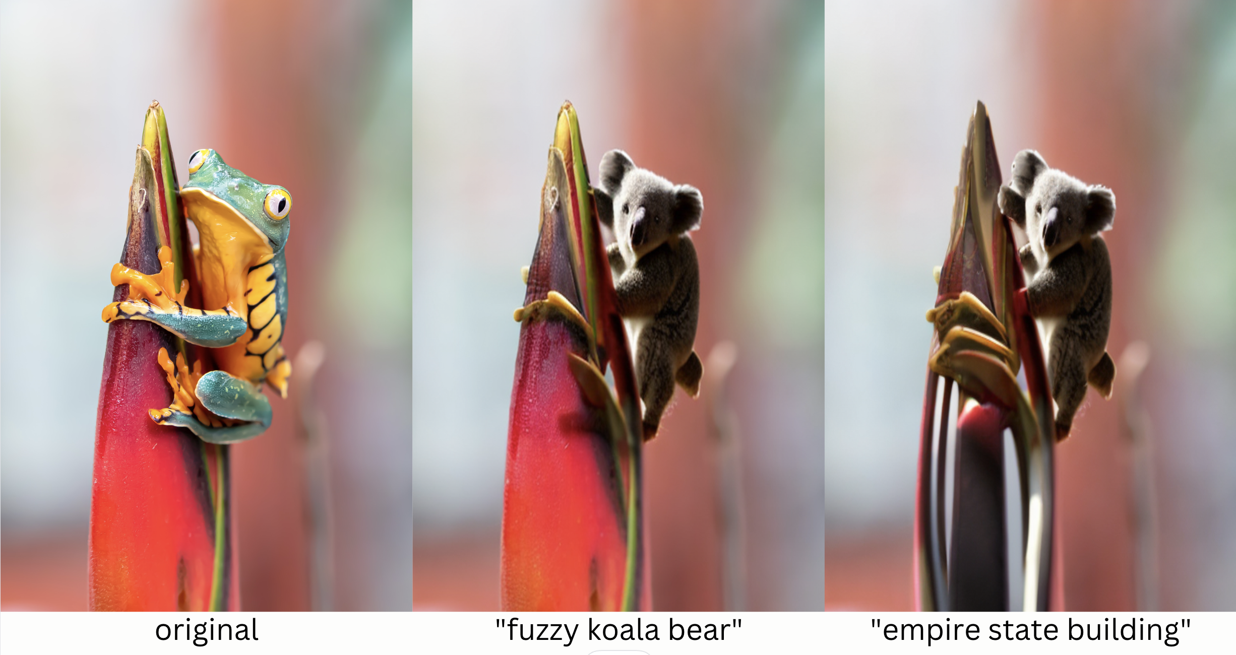 Three images in a row. The first is a tropical frog, the second replaces the frog with a koala bear using generative AI, and the third rreplaces the flower with a skyscraper (the Empire State Building) using generative AI. Image made with with SAM + Stable Diffusion.