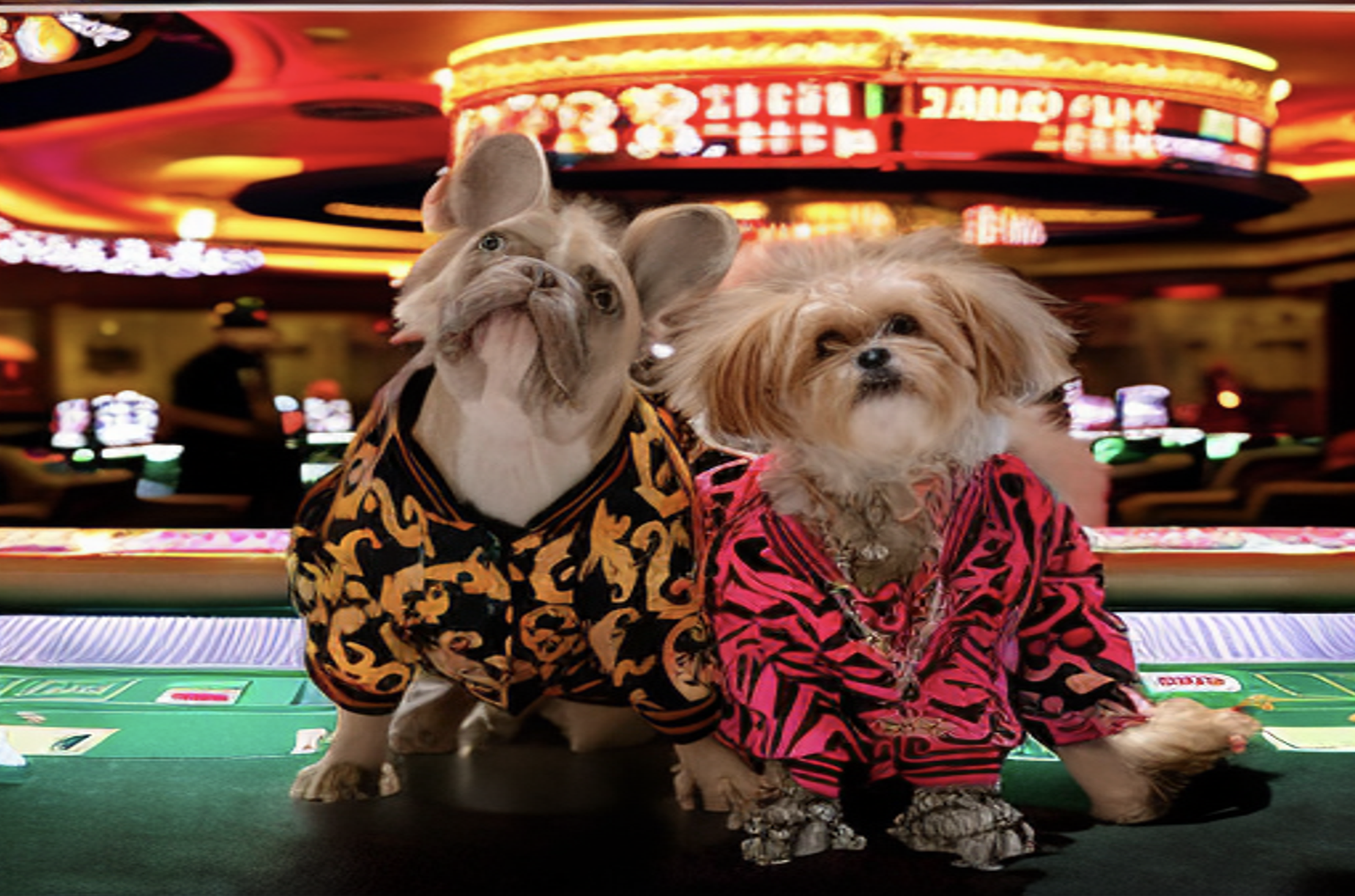 A picture of our two dogs but the background has been replaced with a casino in Las Vegas. Image made with with SAM + Stable Diffusion.