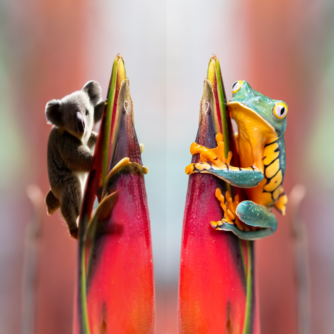 Two side-by-side images. The lefthand image is the original image of a frog clinging to a tropical-colored flower with a bright, blurry background. The image on the right is the same image, only the frog has been replaced by an AI-generated koala bear with SAM + Stable Diffusion.