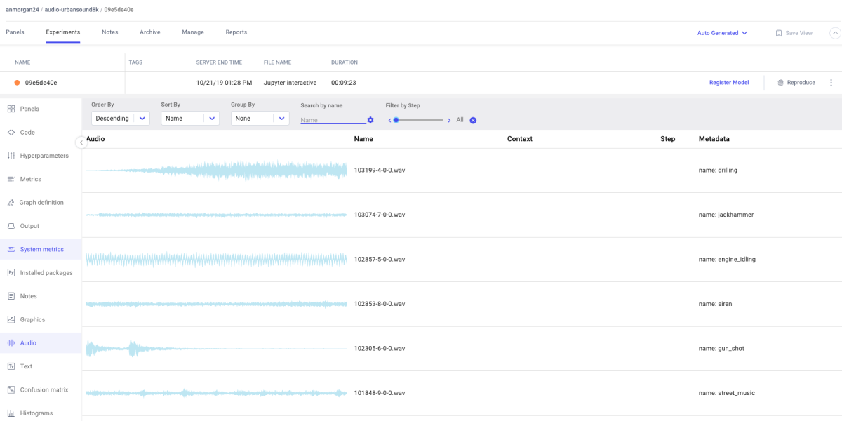 screenshot of Comet platform, showing audio tab