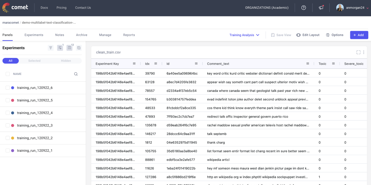 screenshot of Comet platform, showing datapanels