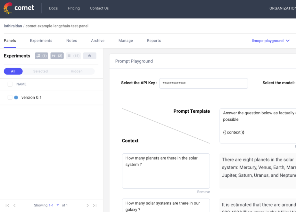screenshot of Comet platform showing prompt template