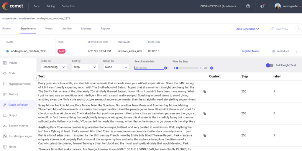 screenshot of Comet platform, showing text tab
